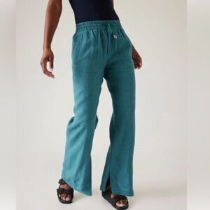 Athleta 100% Linen Retreat Wide Leg Pants Plus Size 18 Borealis Green Blue Teal